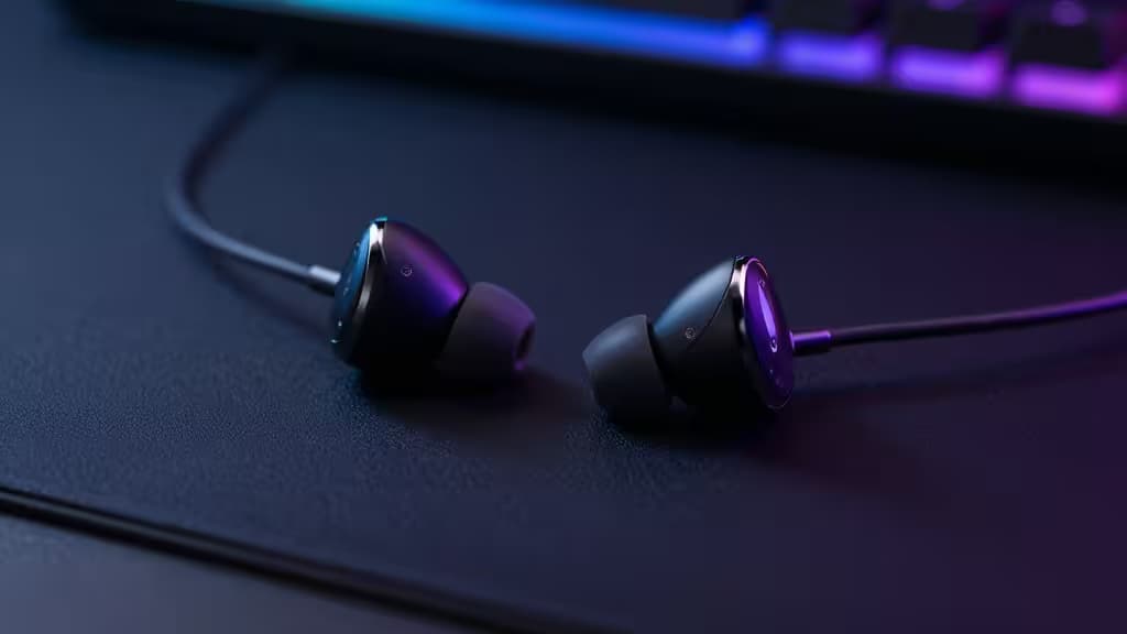 Glossy black in-ear monitors with purple accents rest on a textured dark mousepad, illuminated by ambient RGB keyboard lighting.