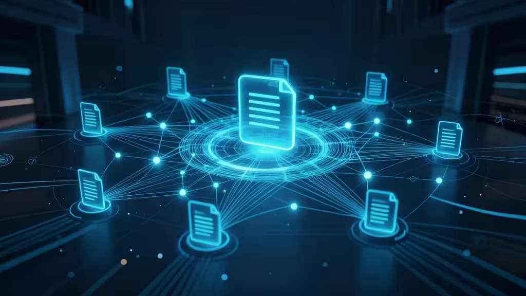 Glowing blue document icons connect via luminous network lines, symbolizing enterprise AI knowledge retrieval and data integration.