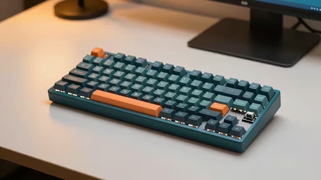 A mechanical keyboard with hot-swappable switches photographed under warm studio lighting on a clean desk surface