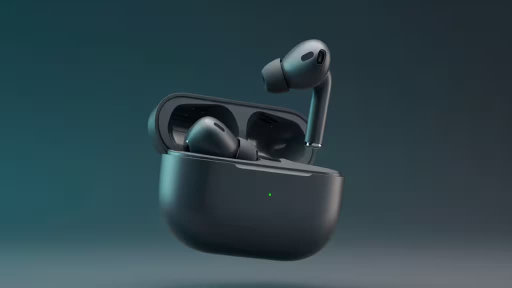 Matte black wireless earbuds float above their charging case, one bud suspended mid-air against a teal gradient background.