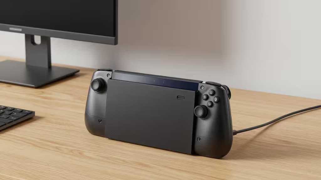 Black Steam Deck rests on wooden desk, connected to monitor via cable.
