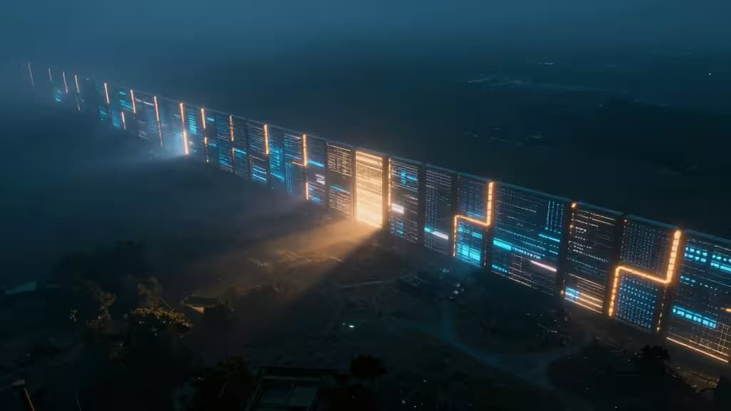 Une barrière de feu numérique traversée par un faisceau lumineux, symbolisant l'accès VPN en Chine.
