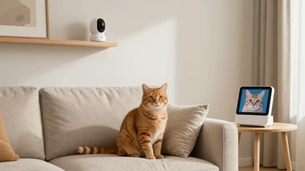 Un chat tigré orange est assis sur un canapé beige à côté d'un écran intelligent qui affiche son visage.
