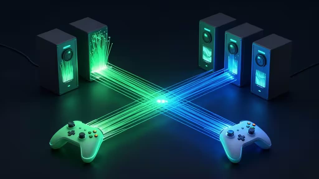 Glowing controllers connect via fiber-optic beams to server racks, symbolizing low-latency cloud gaming optimization.