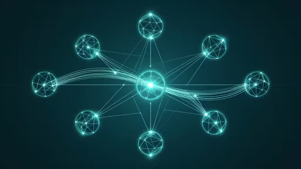 Glowing cyan network nodes connect via luminous data streams against a dark teal background, illustrating abstract data orchestration architecture.