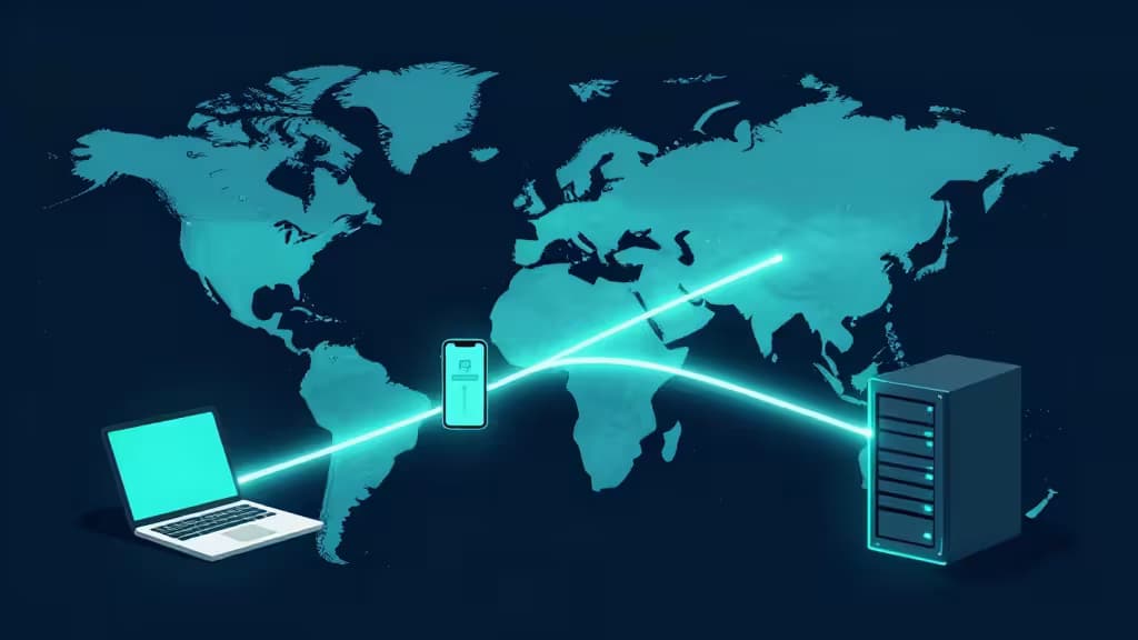 Laptop, phone, and server connect via glowing lines across a world map, symbolizing secure global VPN access for digital nomads.