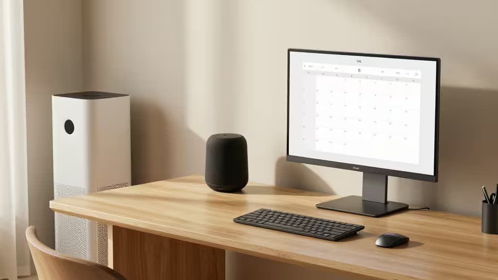 A modern minimalist home office desk with a smart display, compact smart speaker, and air purifier under warm natural lighting.