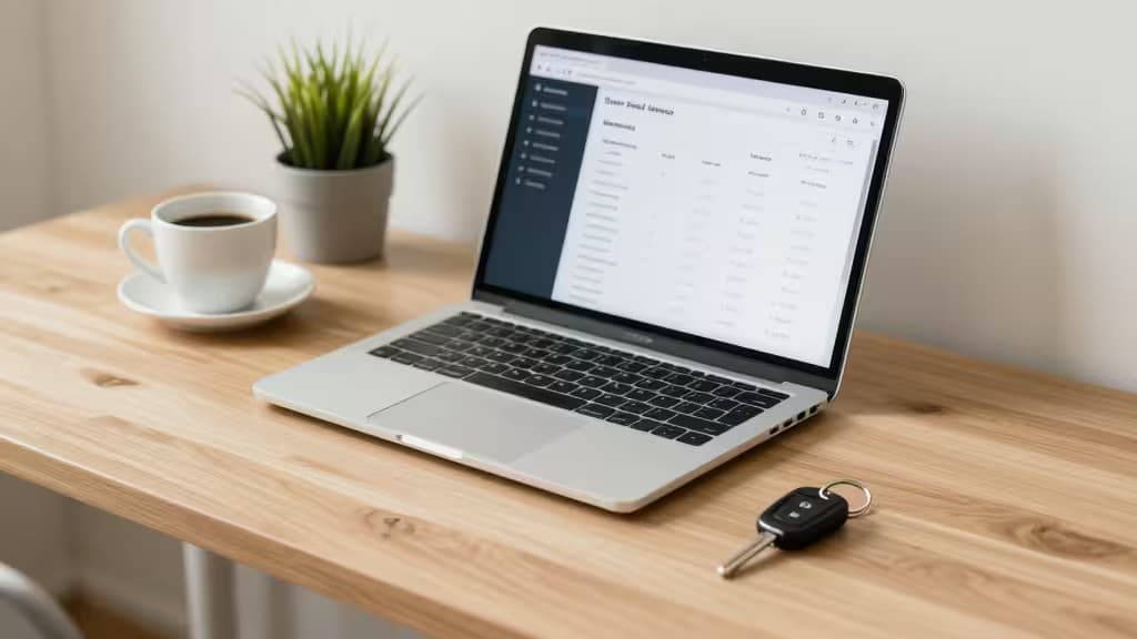 Laptop displays banking interface on wooden desk beside coffee cup and car keys.