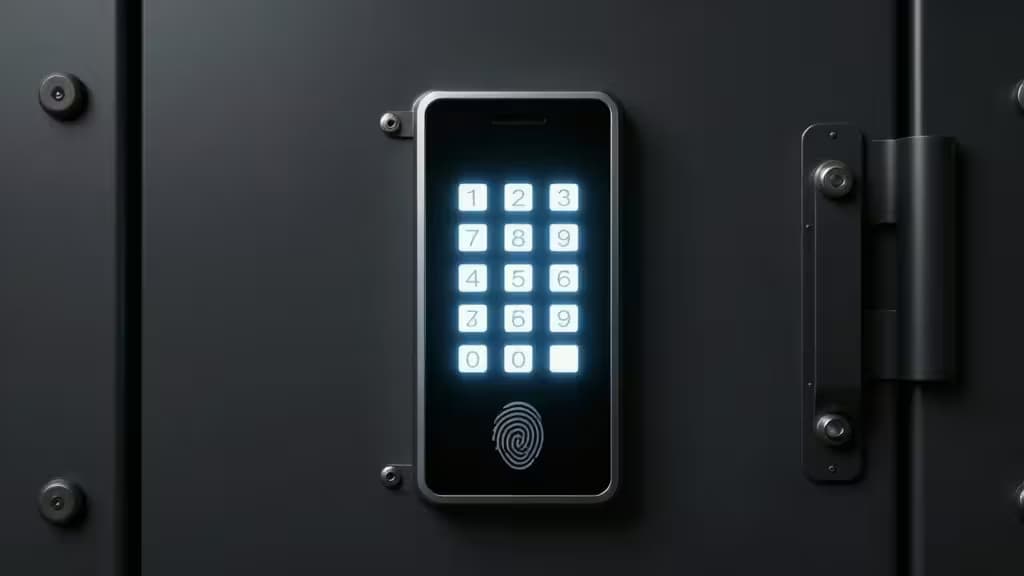 A sleek black vault door features a glowing digital keypad and fingerprint scanner, symbolizing secure access.
