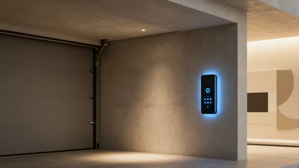 Moderne Garage mit smartem Wand-Control-Panel und teilweise geöffnetem Garagentor