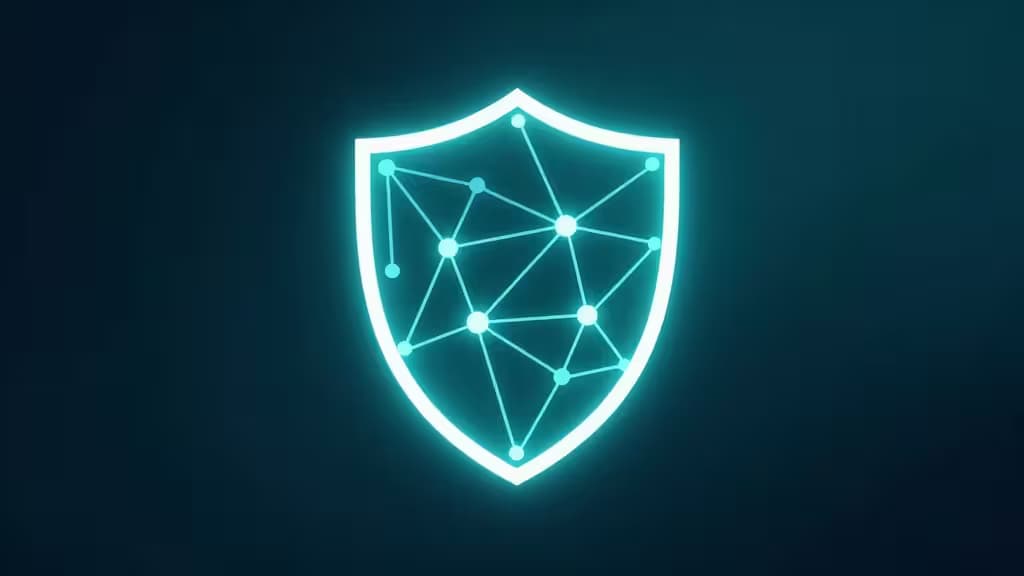 Abstract illustration of a glowing shield formed from interconnected network nodes on a dark teal and blue gradient, representing digital privacy and VPN security.