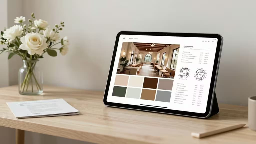 Ein Tablet mit Event-Design-Tools liegt auf einem Holztisch neben weißen Rosen und einem Notizbuch.