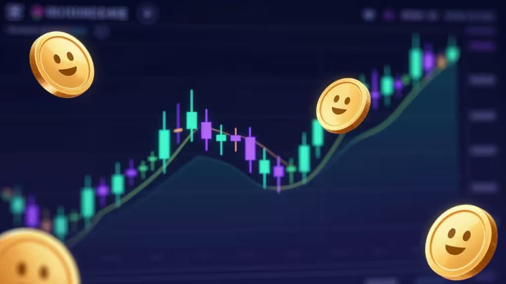 Monete d'oro con facce meme galleggiano sopra un grafico a candele in rialzo, simboleggiando le migliori piattaforme di trading del 2025 come Pump.fun e Uniswap.