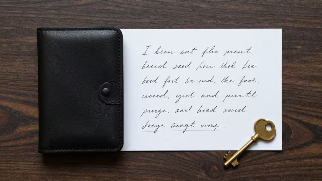Black leather wallet, handwritten note, and brass key on wood surface.