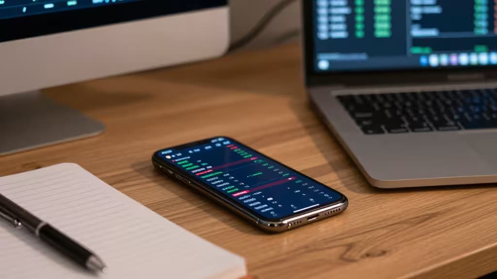 Smartphone exibe aplicativo de exchange de criptomoedas sobre uma mesa de madeira ao lado de um caderno e uma caneta.