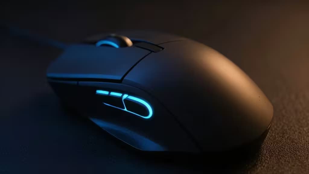 Black gaming mouse with glowing blue side buttons rests on dark textured surface, highlighting programmable thumb controls for MMO gameplay.
