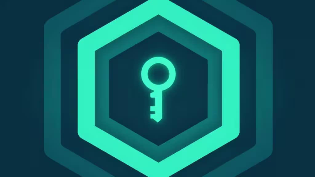 Glowing teal key centered in layered hexagonal shield, symbolizing secure crypto password management.