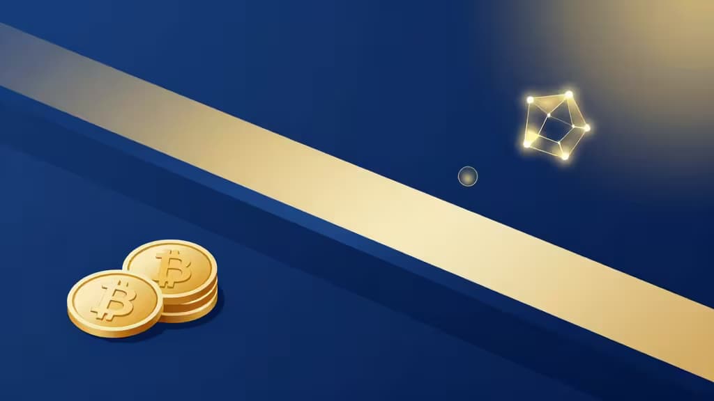 Pièces Bitcoin dorées reposant sur une surface bleue, avec un réseau lumineux symbolisant les transactions crypto.