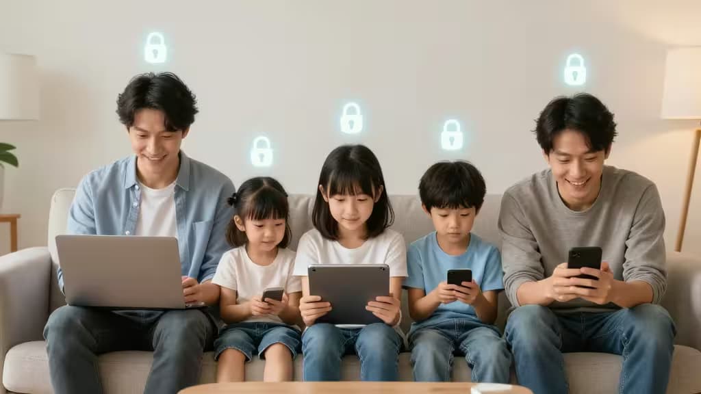 A family of five uses laptops and phones on a couch, with glowing padlock icons above them.