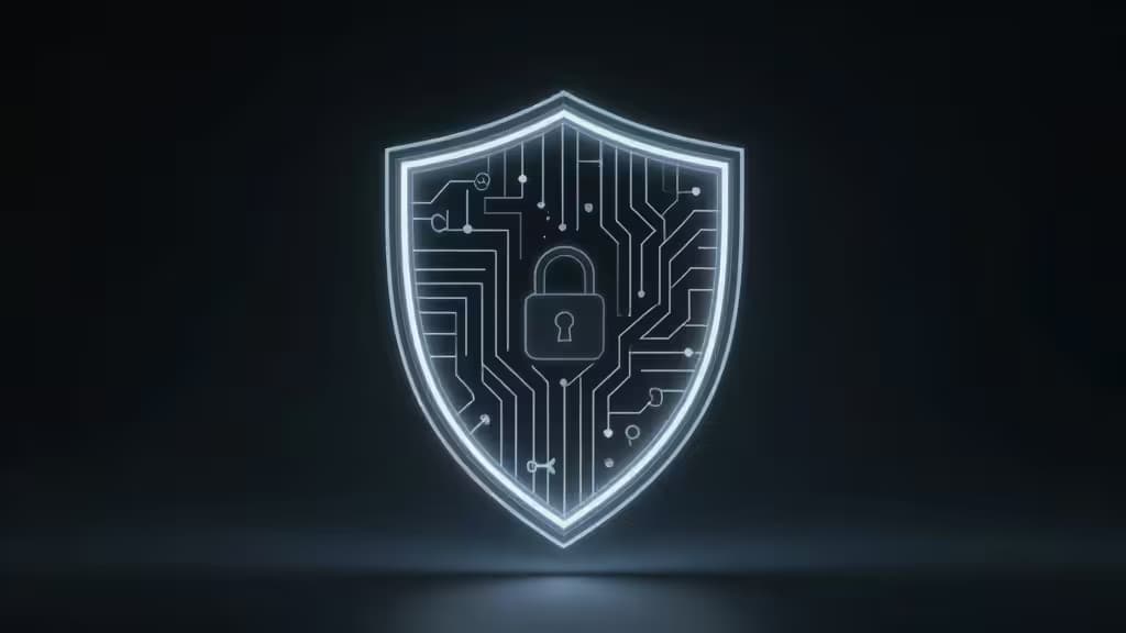 A glowing white shield with circuit patterns and a central padlock icon symbolizes secure, cost-effective identity management for startups.