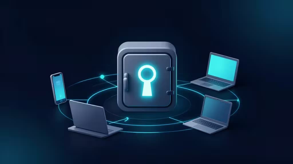 Glowing digital vault connects laptops and phone via neon data streams, symbolizing secure cross-device password synchronization.