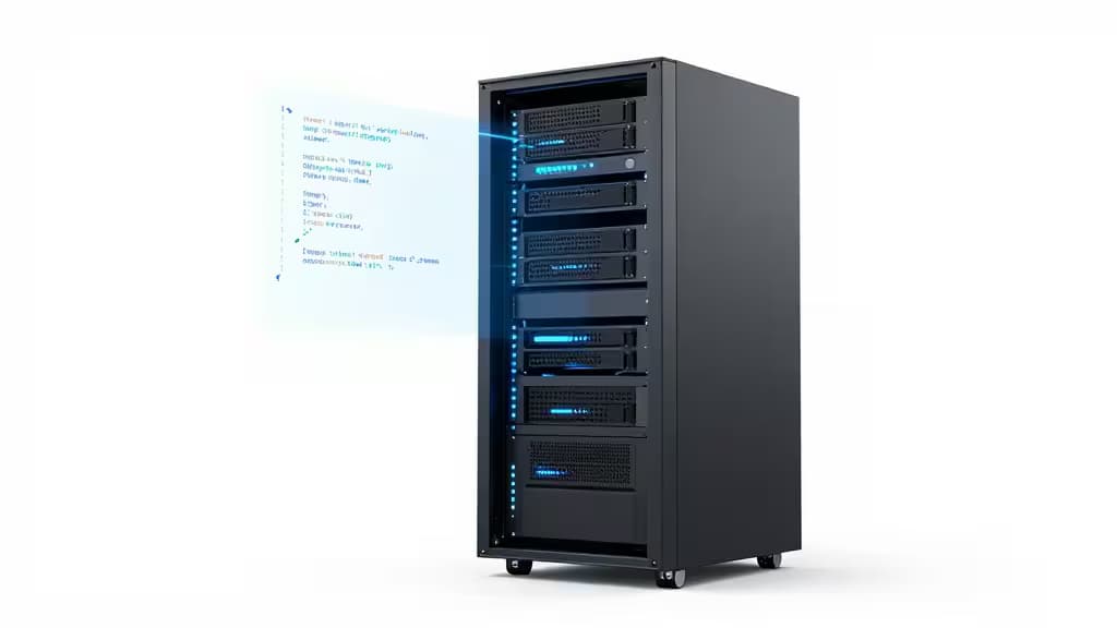 Black server rack with blue LED lights and floating code overlay.