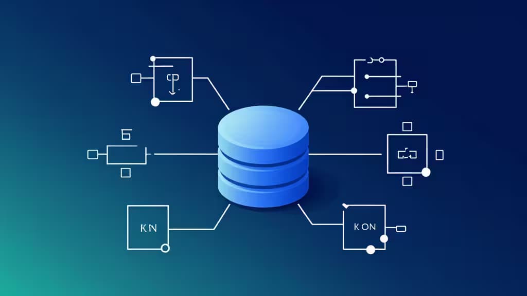 Un cylindre de base de données bleu se connecte à six modules blancs en forme de circuits sur un fond dégradé bleu-vert, symbolisant les intégrations ORM.