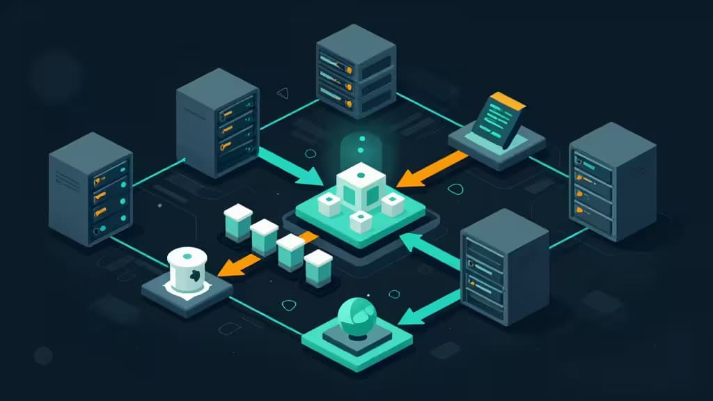 Abstracte illustratie van een self-hosted CI/CD pipeline met Docker-containers, Kubernetes-nodes en code-deployment pijplijnen in een donker technisch ontwerp met teal en oranje accenten.