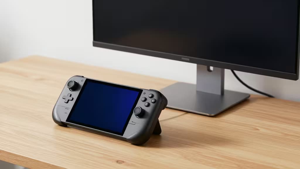 Een Steam Deck OLED op een houten bureau, verbonden met een portable monitor via USB-C