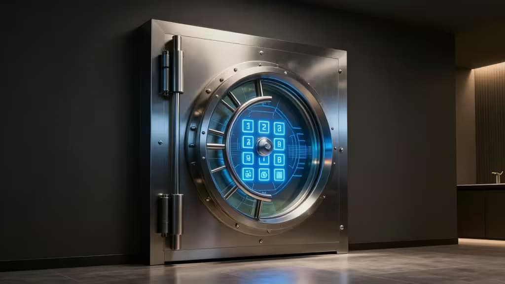 Une porte de coffre-fort métallique élégante avec un clavier numérique bleu lumineux, dans un intérieur moderne et sombre.