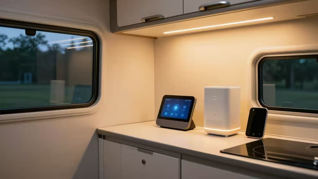 Un écran intelligent, un purificateur d'air blanc et un smartphone posés sur le comptoir d'un camping-car au crépuscule.