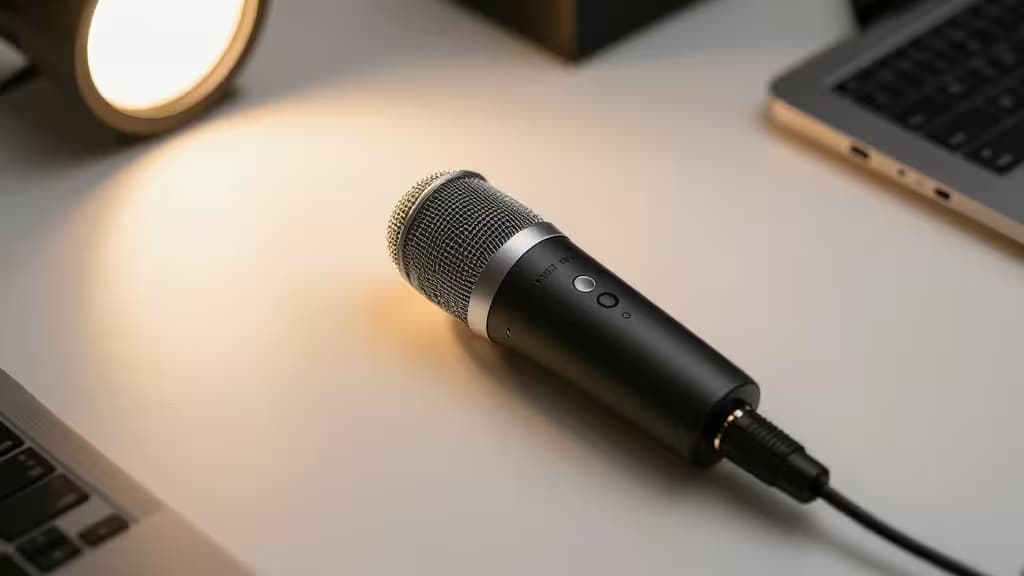 A sleek black USB microphone with metallic grille rests on a white desk beside a laptop and warm lamp.