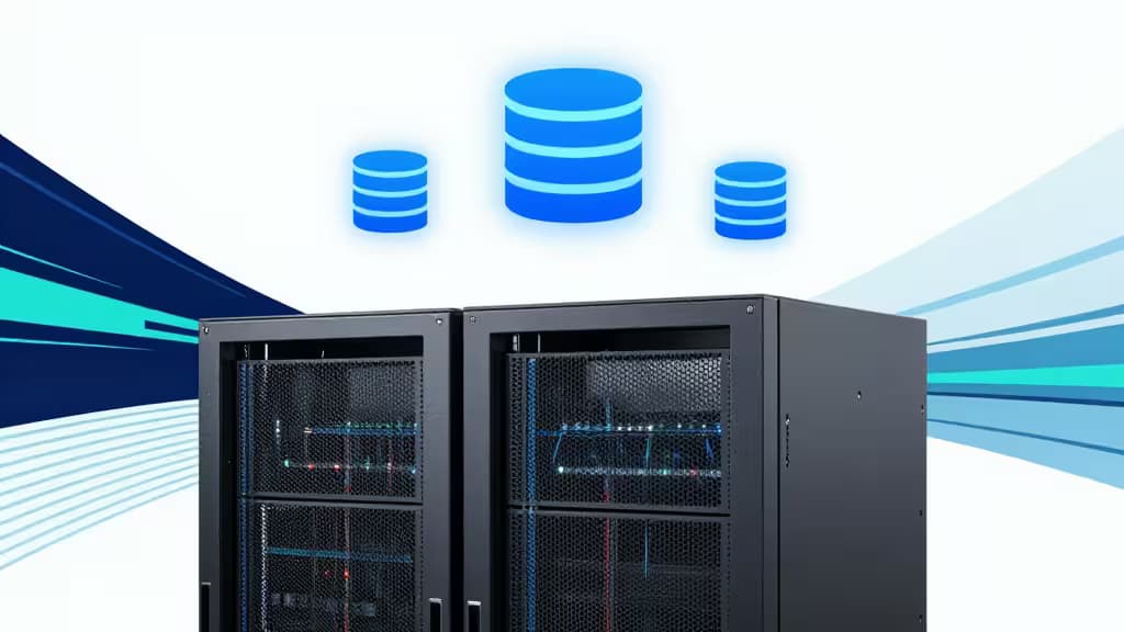 Two black server racks with glowing blue database icons above, set against dynamic tech-themed background.