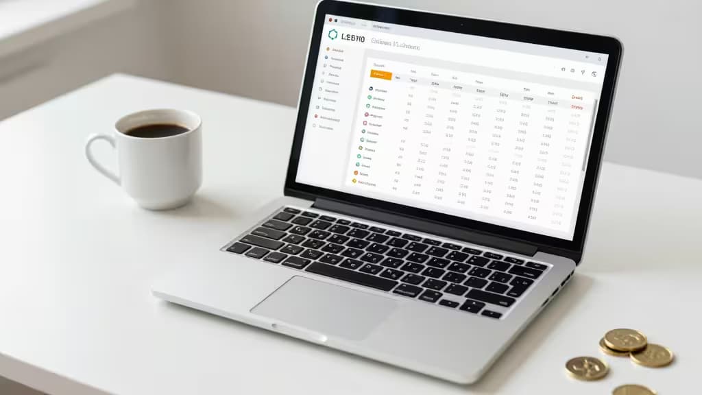 Laptop displays crypto tax software interface with mining/staking data, beside coffee and coins.