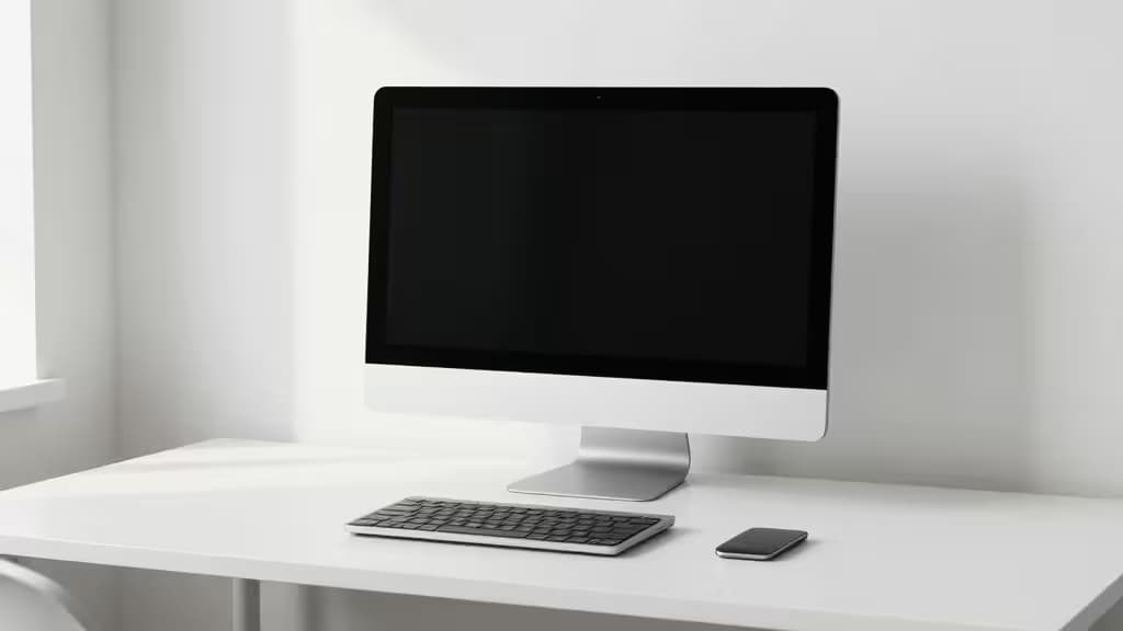 Monitor blanco sobre escritorio minimalista, con teclado y smartphone, ideal para MacBook Pro.