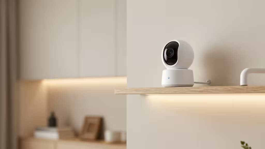 Eine weiße Smart-Kamera steht auf einem hellen Holzregal in einem modernen, warm beleuchteten Innenraum.