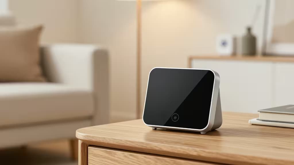 Un Google Nest Hub posé sur une table en bois dans un salon cosy.