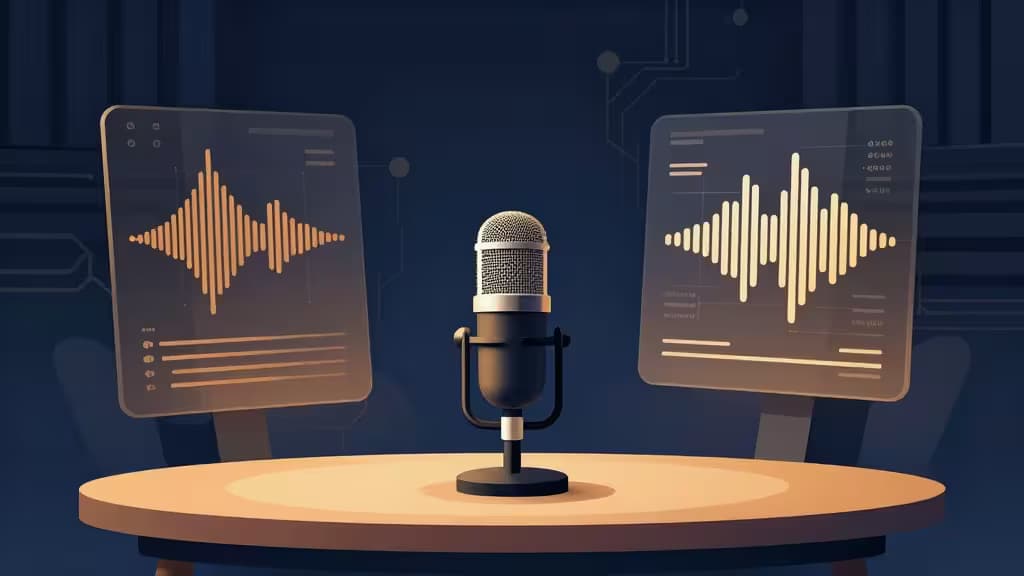 Abstract podcast studio illustration with a microphone surrounded by floating audio waveforms and AI circuit motifs in warm amber and deep blue tones.