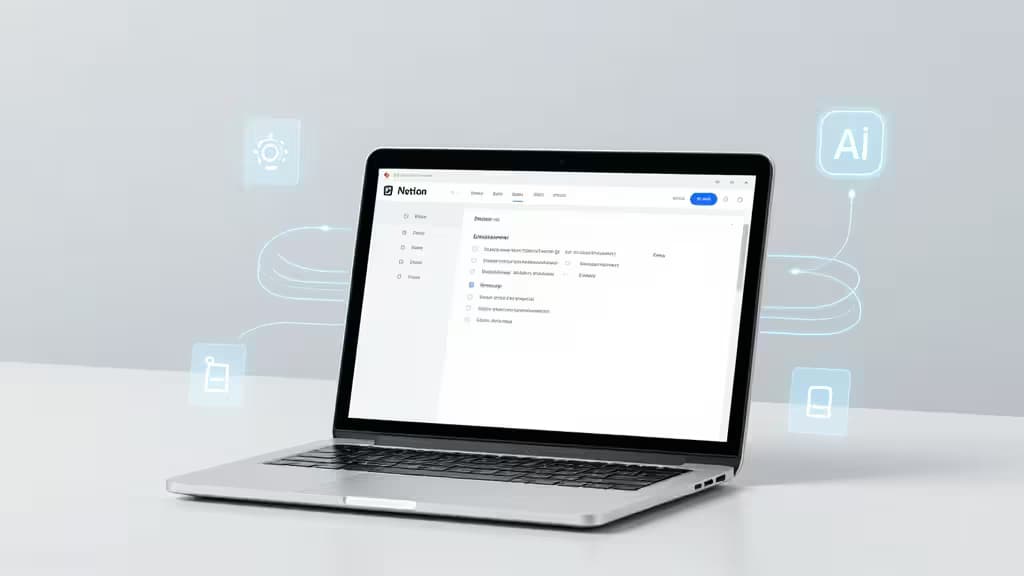A sleek silver laptop displays Notion's interface, surrounded by glowing AI and automation icons in a minimalist workspace.