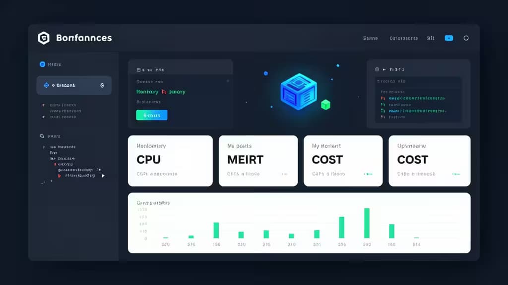 Panel de monitoreo Kubernetes con gráficos de métricas en tiempo real, barras de costos verdes y cubo azul brillante sobre fondo oscuro tecnológico