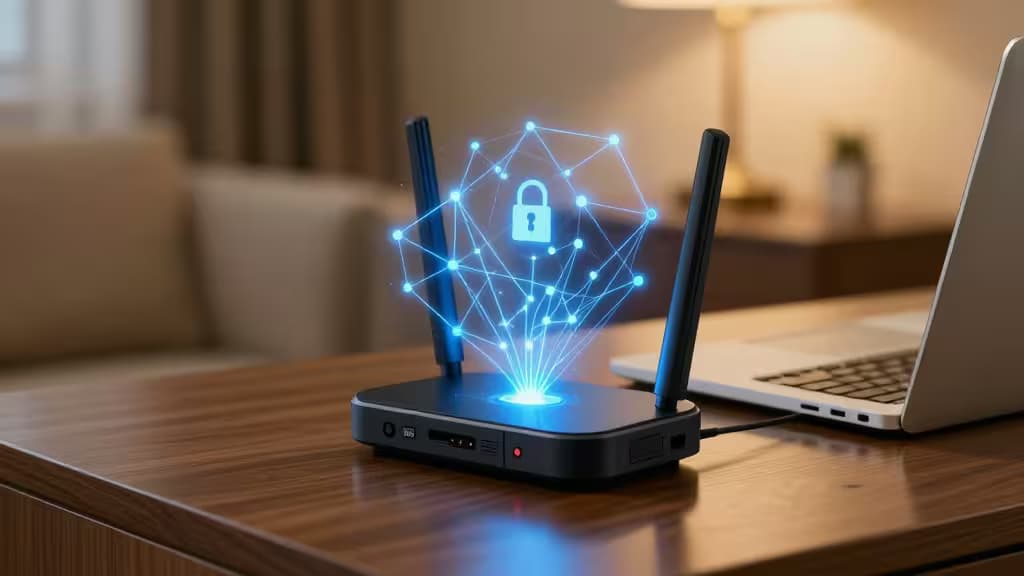 Чёрный роутер с антеннами проецирует светящийся голубой голографический замок на деревянный стол рядом с ноутбуком.