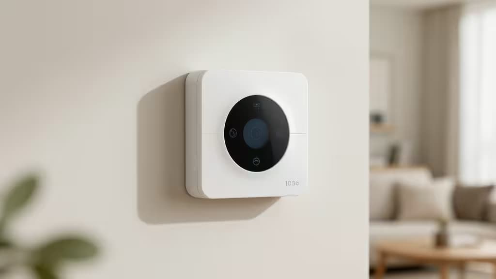 Termostato inteligente blanco con pantalla táctil circular, montado en pared de albañilería.