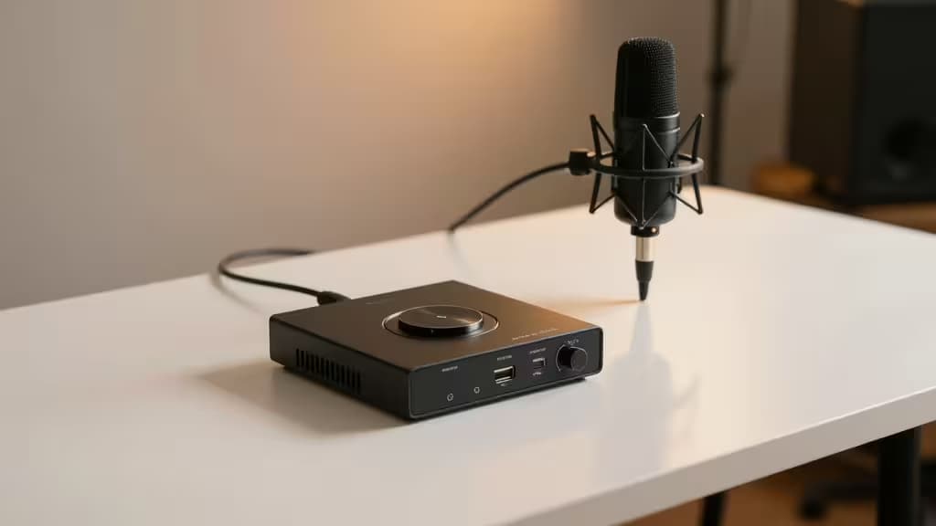 Un'interfaccia audio USB nera su una scrivania bianca accanto a un microfono XLR con sospensione elastica.