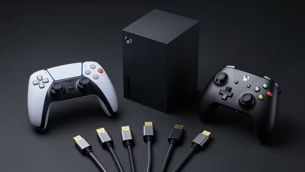 Six HDMI 2.1 cables flank PS5 and Xbox controllers beside a Series X console.