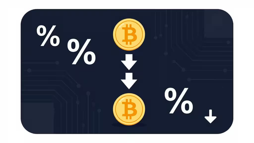 Abstract illustration of a golden Bitcoin coin descending through percentage symbols and downward arrows against a dark navy background, symbolizing low-fee crypto purchases.