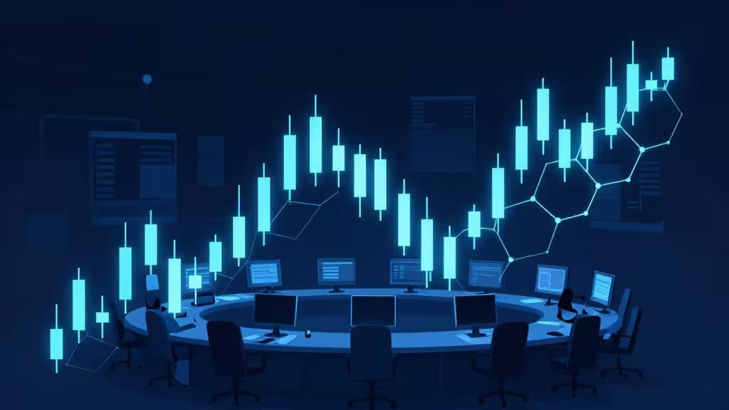 Glowing blue candlestick charts rise above a circular trading desk with monitors, symbolizing crypto market growth under 2026 SEC clarity.