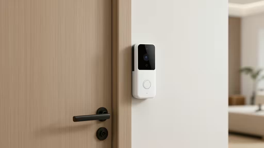 Een strakke witte draadloze videodeurbel gemonteerd op een lichte houten deur in een moderne Nederlandse appartementenhal.