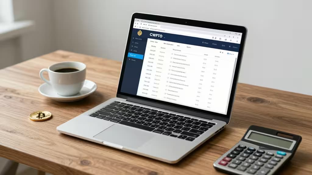 Laptop displays crypto dashboard beside coffee cup, Bitcoin coin, and calculator on wooden desk.