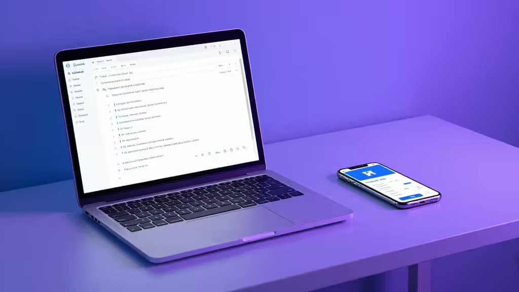Un laptop e uno smartphone mostrano un'interfaccia di database local-first su una scrivania viola.