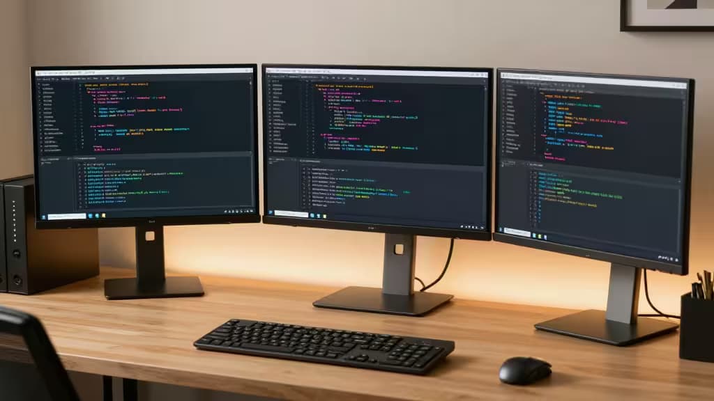 Three monitors display code, flanked by keyboard and mouse on a wooden desk.
